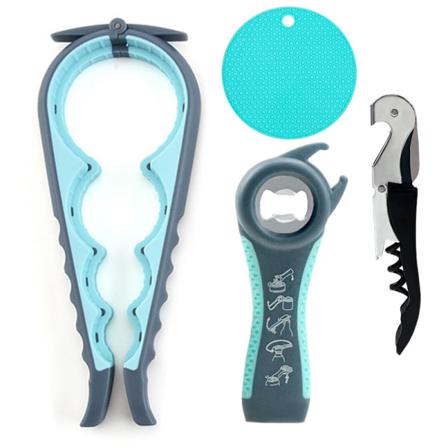 Multifunktionel flaskeåbner Dåseåbner sæt, 5-i-1 ølflaskeåbner, 4-i-1 flaskeåbner, køkkenhætte skrue Gray and Blue 4pcs