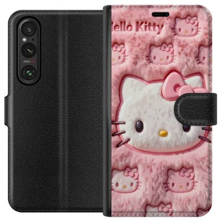 Kompatibelt Lommeboketui til Sony Xperia 1 V Hello Kitty rosa fluffy bakgrunn med ikoniskt ansikt og kawaii-estetikk