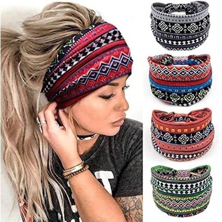 Bredt pandebånd til kvinder, blødt elastisk boho leopardprint pandebånd til yoga og sport, flerfarvet pandebånd til kvinder, 4 stk.