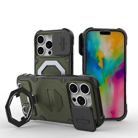 Kompatibel med IP-16PRO stødsikkert etui, telefonetui med stativ, mørkegrøn