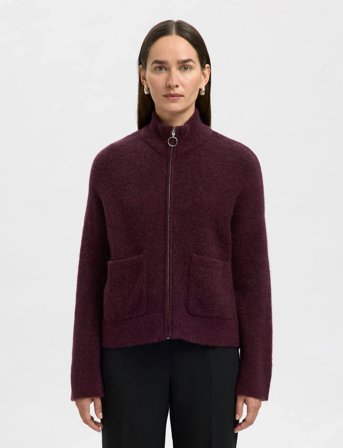 Selected Slfsia Ras Ls Knit Zipper Cardigan Noos - Burgundy - XS