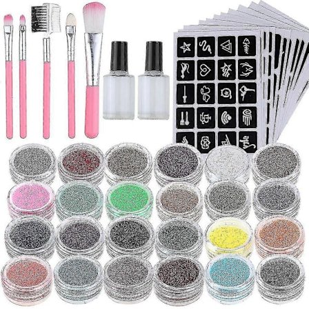 Glitter Tattoo Set, Nytt Glitter Tattoo Kit med 24 Stora Glittertuber, 125 Schabloner, 2 Lim & 5 Borstar, Temporära Tatueringar för Barn, Te