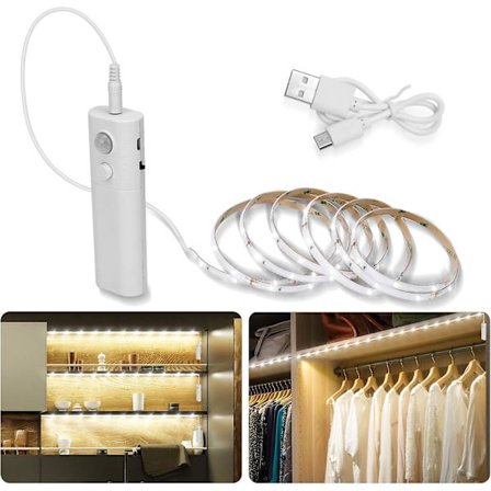 2m genopladelige garderobelys, Luxjet Wake Up natlys LED-striplys, bevægelsessensor aktiveret, automatisk tænd/sluk og timer, 3000k varmt hvidt til Cl