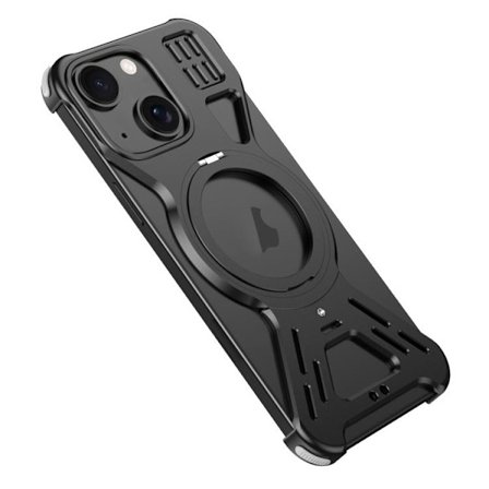 Bakskal i metall med ställ till iPhone 15 - Svart