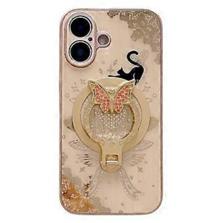 Kompatibelt magnetiskt skal för iPhone 16 Plus, strassdekor, stativ, kattmönster, TPU+PC-telefonskal (Guld)