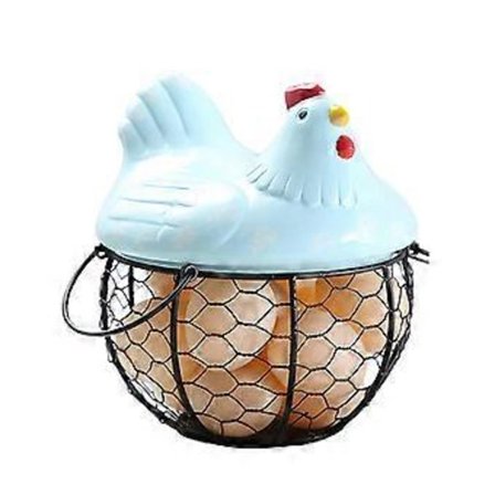Æggekurv, Æggeholder af jerntråd med kylling, Ægindsamlingskurv til bordplade med keramiklåg til indsamling af friske æg, blå