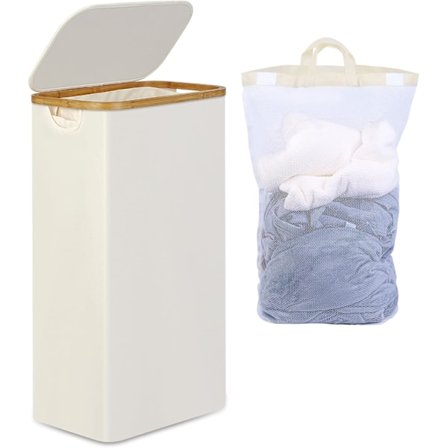 110L Smal Tvättkorg med Lock, Hopfällbar Tvättkorg med Avtagbar Påse, för Smutsig Tvätt, (Beige, Smal 110 Liter)