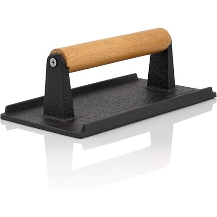 Kjøttpresse i støpejern 1 kg | 21 x 11 cm, allerede brunet | hamburger grillvekt med trehåndtak