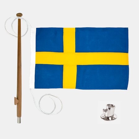Pacchetto bandiera con bandiera nautica Adela Royal, Svezia, poliestere simile al cotone (230 g / m²), 120 x 75 cm + asta per bandiera Ø25 mm, 120 cm 