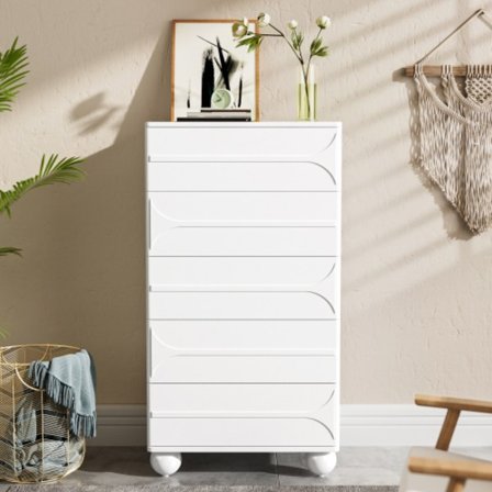 5 lådor med elegant präglingsdesign – vita metallfötter, rymlig förvaring, rundade hörn