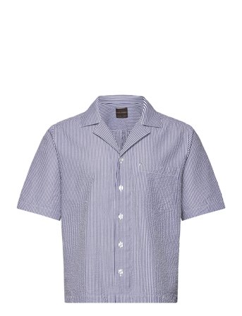 Oscar Jacobson Reg Fit Cuban Ss Striped Seersucker Shirt - Purple - L