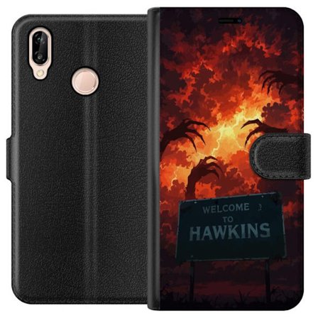 Kompatibelt Lommeboketui til Huawei P20 lite Mørk apokalyptisk fantasi-scene med brennende himmel og Hawkins-skilt i Stranger Things-stil