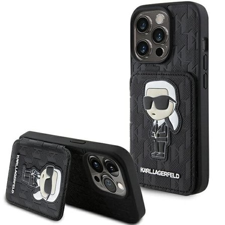 Karl Lagerfeld Saffiano Cardslots och Stand Monogram Ikonik Patch fodral för iPhone 15 Pro - svart