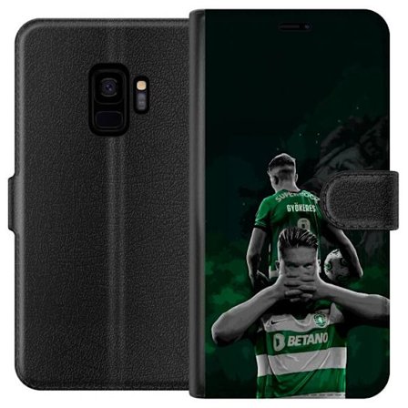 Yhteensopiva Lompakkokotelo Samsung Galaxy S9 Neonmotiivi, jossa teksti "Gaming is in my DNA" sinisenä ja punaisena tiiliseinällä, jossa loistava DNA-