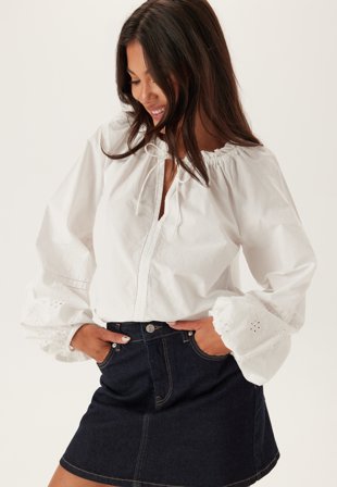 Bubbleroom - Broderie Anglaise Tie Blouse - White - Kläder