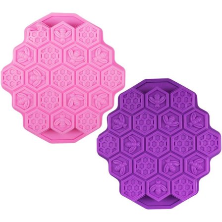 Sett med 2 silikonkakeformer med bikubemønster, 19 hulrom, rosa og lilla