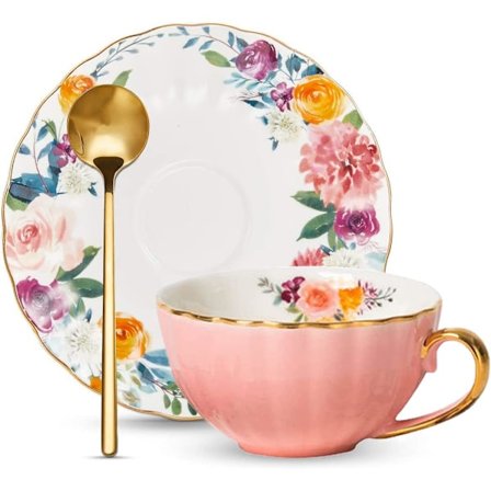 Luukeramiikasta valmistettu teekuppi ja aluslautanen yhdelle, 240 ml kukkakuvioinen teekuppi lusikalla - Tyylikäs kahvikuppi cappuccinolle ja latelle,