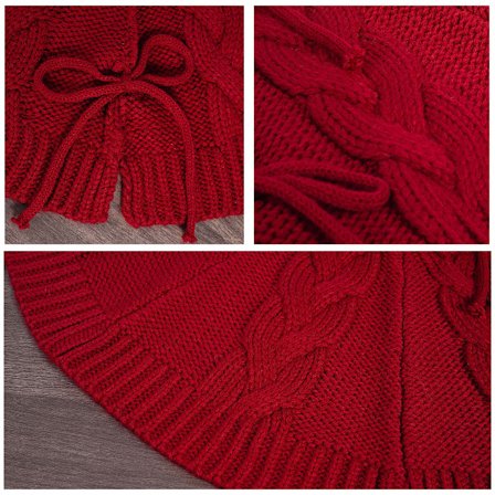 Juletræstæppe: Flettet kabelstrikket rundt vinrødt træstæppe, tykke rustikke juletræsdekorationer neutral juleindretning juletræ