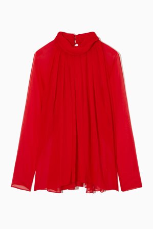 COS Women's Oversized Pleated Sheer Silk Blouse in Red