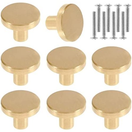 Sett med 8 dørhåndtak i solid messing, runde skap knotter, vintage møbler