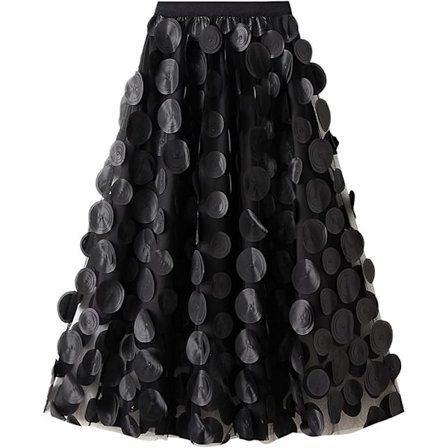Tullkjol Kvinna 3D Polka Dot Elastisk Midja Mesh Midi Kjolar