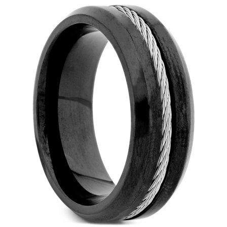 Black & Silver-Tone Cable Ring for Men - Steel rings