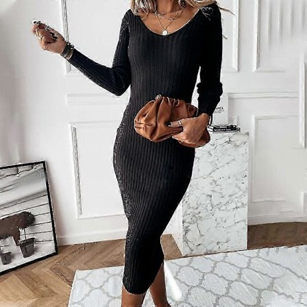 Dam Ribbstickad V-ringad Långärmad Bodycon Tröja Stretch Slim Fit Midiklänning