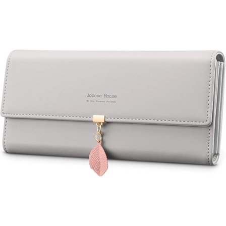 Grå - Damelommebok i skinn, myntpung, stor sjekkhefteholder