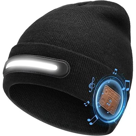 Hue med Lys og Bluetooth-hovedtelefoner, Genopladelig Pandelampe Hue, Gaver til Mænd og Kvinder