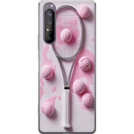 Yhteensopiva Puhelinkuori Sony Sony Xperia 1 II Ruusunpunaiset lasipallot ja tennismaila luovassa stillikuvassa, jossa on leikkisä pop-tunnelma ja mo