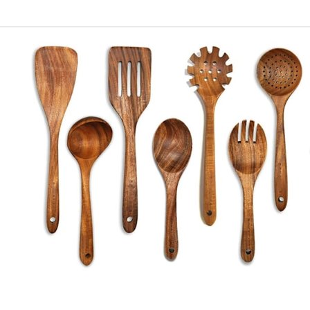 Treskjeer i tre til matlaging, 7 stk kjøkkenredskaper i teak, sett med kjøkkenredskaper i tre, kjøkkenredskaper i tre