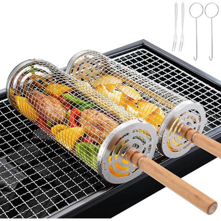 2-pakke rullende grillkurv i rustfritt stål med avtagbart trehåndtak, bærbart grilltilbehør, utendørs grilling