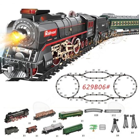 Børnebilbane 57 dele vintage damplok patchwork deluxe sæt med musik, lyseffekter og sprøjtefunktion