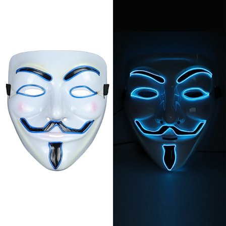 Blå LED-mask, lysande mask, vit V för vendetta Halloween