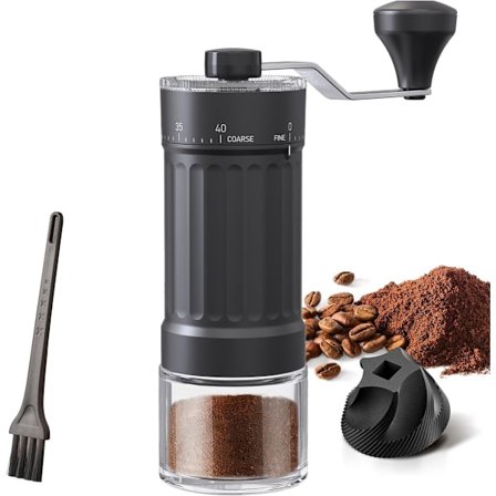 En ekstern justerbar manuell kaffekvern med en høypresisjons moderne keramisk konisk kvern og 40 innstillinger for AeroPress pour-over og Moka