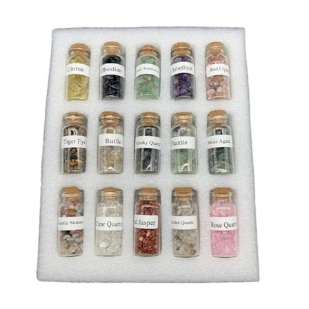 15 stk Mini Ønskeflasker Chip Stone Set Krystall Tumbled Reiki Stones Collection Gave Hjemmedekor