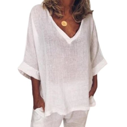 Dam V-ringad halvärm T-shirt Sommar Casual Lösa toppar