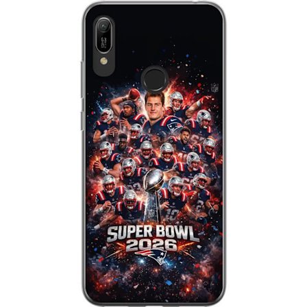 Kompatibelt Mobildeksel til Huawei Y6 (2019) Super Bowl 2026 plakat med New England Patriots og NFL-trofe i eksplosiv sportsdesign