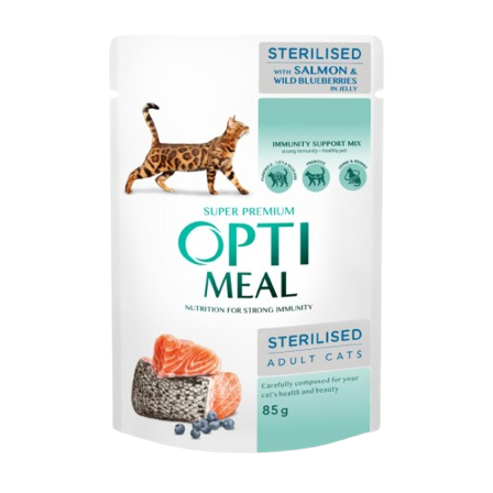 Optimeal - Canned Food For Sterilised Cats Salmon And Blueberries 12 x 85 g - Katt - Kattefôr & kattemat - Våtfôr og våtmat - ZOO.no