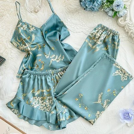 Dam V-ringad Tryckt Bekväm Linne Shorts och Byxor Pyjamasset 3 delar Grön S