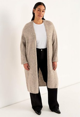 Cellbes of Sweden - Strikket, lang cardigan i beigemelert for damer i størrelse 46/48