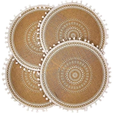 Matgrupp med 4 Capasin Vita Boll Runda Bordstabletter Set om 4, Modern Vinter Matsal Boho Beige Flätad Middag Runt Bord och Bordstabletter Höst Cirkel