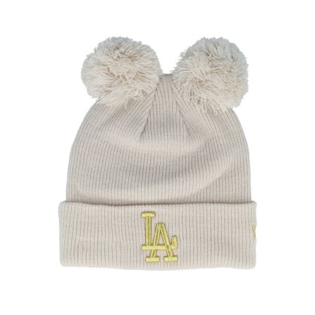 New Era - MLB Beige pom Beanie - Los Angeles Dodgers Womens Metallic Logo Beanie Stone/Gold Dubble Pom @ Hatstore