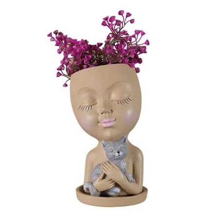 (khaki) Blomsterpotte - WIRLSWEAL - Pige der holder en kat - Resin - Asymmetrisk - Khaki