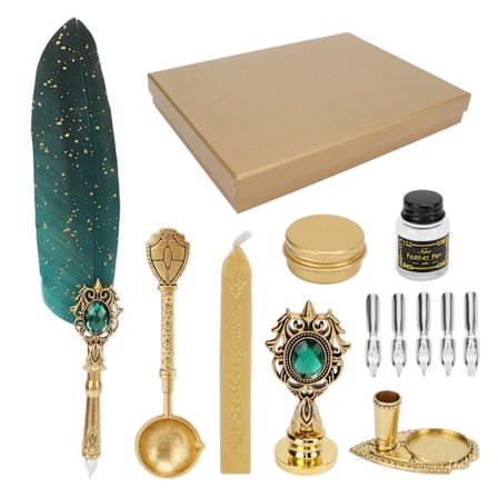 Fjærpenn Retro Britisk Stil Sprinklet Gull Fjær Business Brann Maling Stempel Dypp Vannpenn Student Gaveeske Sett Mørkegrønn