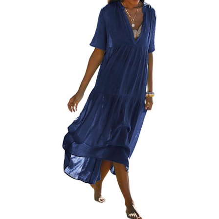 ivimos Sommerkjole for kvinner, bomull, flytende maxikjole, kort erme, V-hals, empireliv, bohemsk, bølgete volanger, avslappet, løs, lang kjole, 