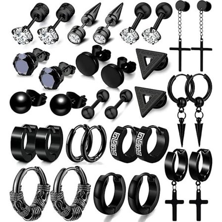 Herre Øreringe Sæt - Sorte Rustfri Stål Kors Hænge Øreringe & Ørestikker Mode Piercing Smykker til Fødselsdage, Fester & Mere 16 Par