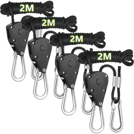 4-pakke med skralletau, justerbart tau, plantehake, 1/8" skralle, blomsterpottehake, trinse med krok for plantevifte, belysningsutstyr