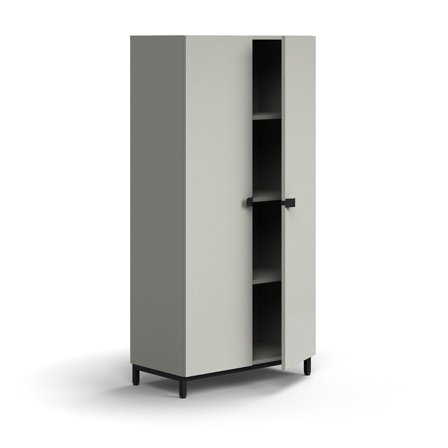 Skab QBUS, 3 hylder, benstel, håndtag, 1636x800x420 mm, sort, lysegrå