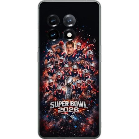 Yhteensopiva Puhelinkuori OnePlus 11 Super Bowl 2026 juliste, jossa New England Patriots ja NFL-mestaruuspalkinto räjähtävän urheilullisessa suunnitte